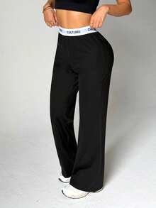 Hidkat With My Calm Casual Versatile Black High Elastic Waist Side Slit Design Comfortable Slimming Sports Pants - Black - View 5