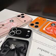 Dompet Kartu dengan Pita Satin dan Hiasan Bunga Camellia Perak, Tali Pergelangan Tangan, Kontras Dua Warna, Jendela Kamera Besar, Casing Ponsel Transparan, Dompet Saku, Tahan Guncangan dan Anti Jatuh, Pelindung Ponsel, Casing Tipis TPU Lembut Transparan Anti-Kuning, Kompatibel dengan iPhone 13 14 15 16 17 Pro Max - Jeruk - View 6