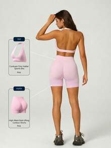UONNOU Women's Sports Halter Backless Bra + High Waist Butt Lifting Shaping Shorts 2pcs Set, Seamless Yoga Outfit - Pink - View 1