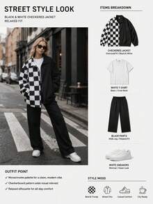 Women's Spring/Autumn Black & White Plaid Stand Collar Zip-Up Jacket, Asymmetric Patchwork Loose Casual Outerwear With Adjustable Drawstring Hem - Black - View 6
