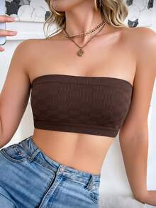 1pc Dark Brown American Hot Girl Seamless Ribbed Checkerboard Texture Strapless Bandeau, Non-Slip Boob Tube - Brown - View 1