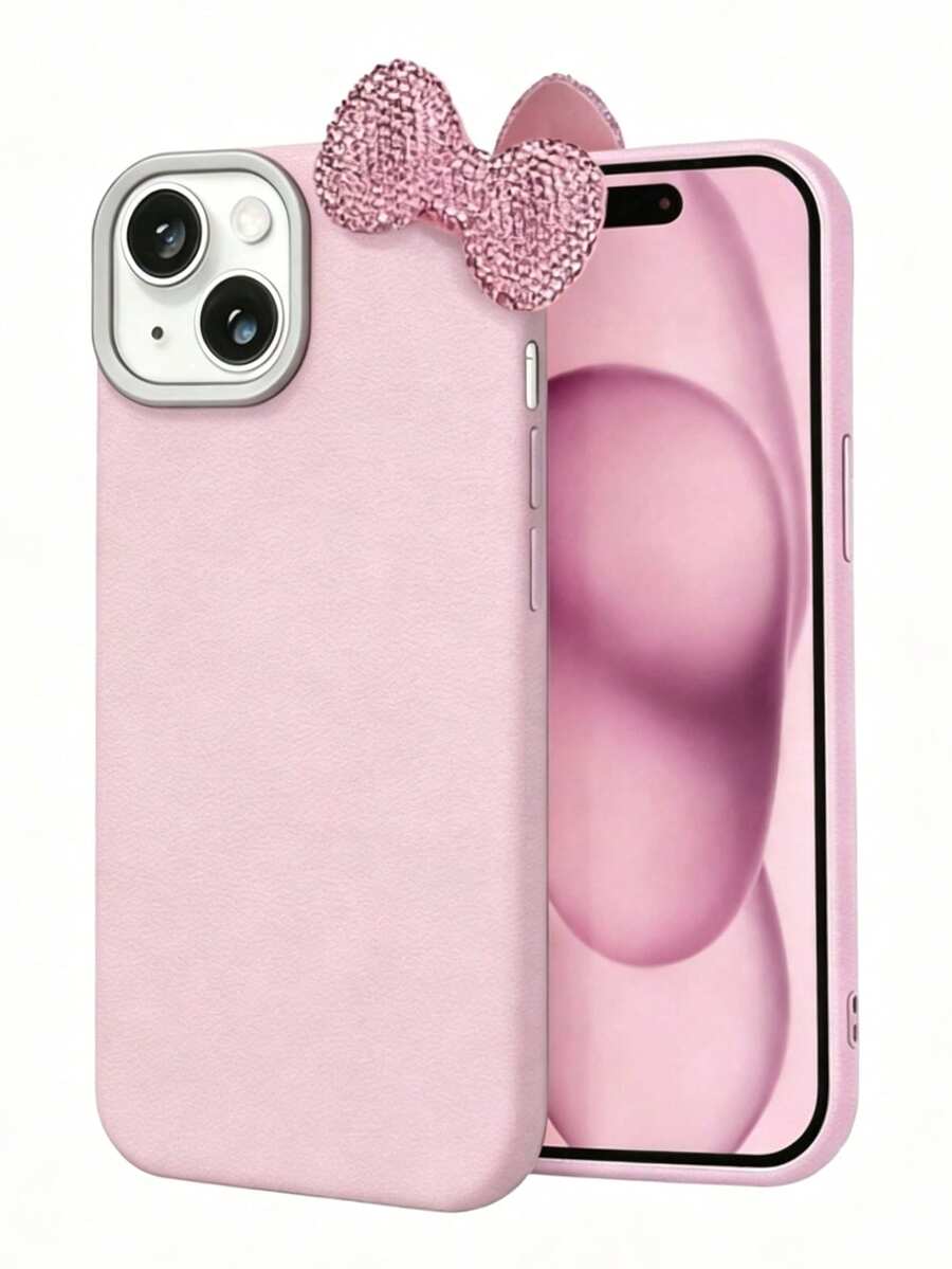 Premium Pure Pink Phone Case 2-Piece Set (Phone Case + Bow) | Exquisite Pink Rhinestone Bow Detachable Shell | Fashion Essential Accessory, Minimalist Sweet Style | | Shockproof, Anti-Slip, Scratch-Resistant | Compatible With IPhone 17/17 Pro/17 Pro Max, Luxury Black/Pink Textured Rhinestone Bow Decor Anti-Drop Phone Protective Case - Pink - View 1