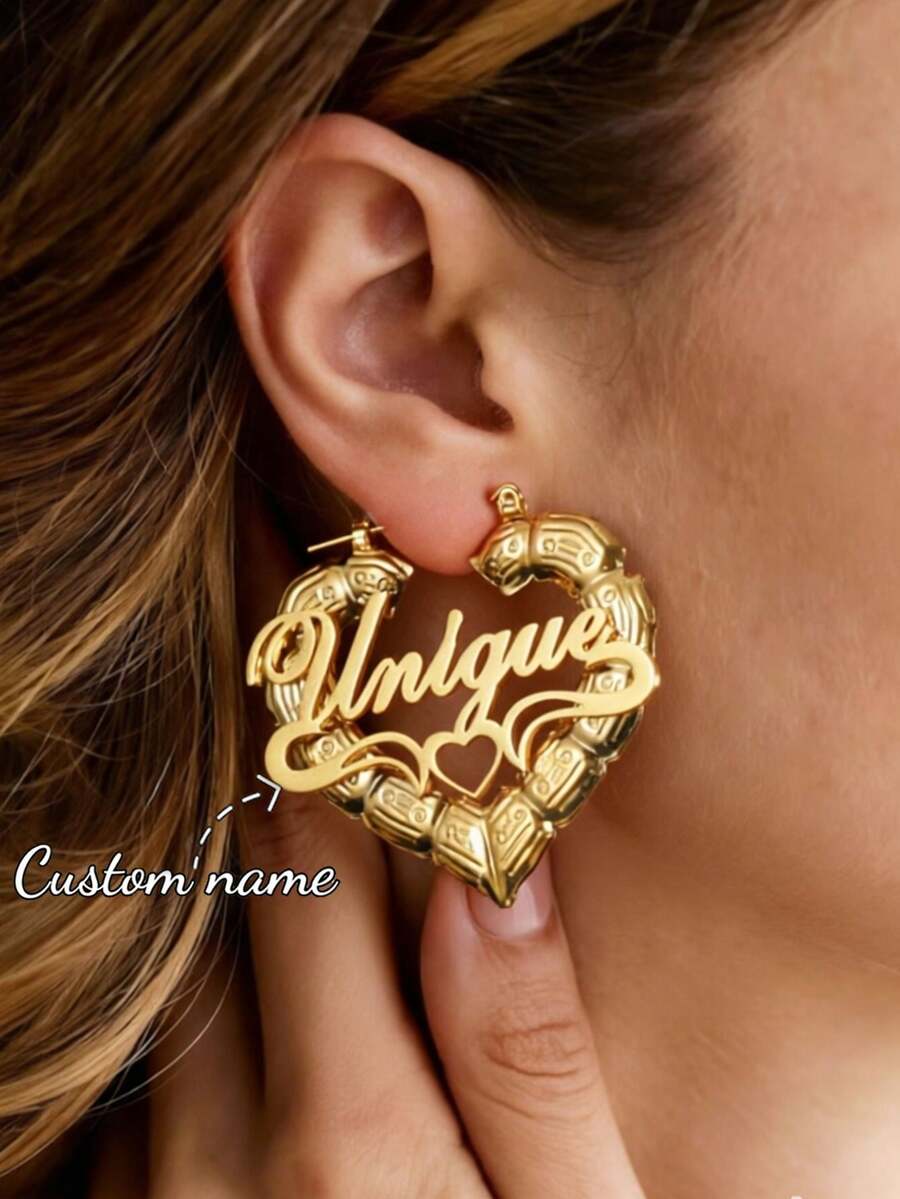 50mm Customized Name Bamboo Hoop Earrings, Heart-Shaped Jewelry, Anniversary Birthday Gift For Women, Y2K Aesthetic - Gold - View 1