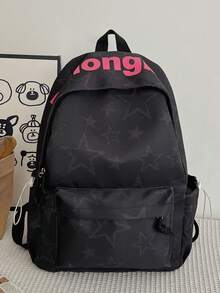 3件組尼龍星星印花背包套裝，可折疊多口袋大容量拉鍊背包，適合青少年、高中生、大學生、女生日常使用、旅行，情人節禮物 - 黑色 - 查看 4