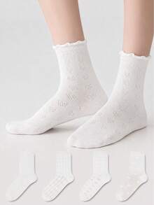 ZUJO 4 Pairs Women's White Invisible Mid-Calf Socks, Heart & Stripe & Argyle Pattern, Suitable For Daily Wear, Simple And Comfortable, Random Color - White - View 2