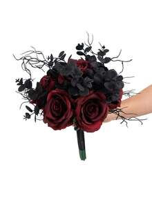 13 Inch Gothic Black&Burgundy Artificial Wedding Bouquet For Bride Bridesmaid, Floral Bouquet With Ribbon Ceremony,Anniversary,Home Decor - Multicolor - View 3
