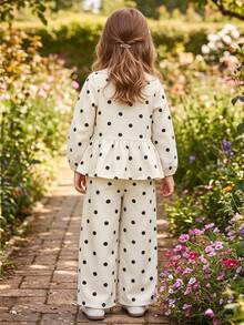 Girls Spring/Autumn 2 Pieces Set, Ribbed Texture Double Cinched Waist-Cinching Ruffle Hem Top + Matching Polka Dot Wide Leg Pants, Suitable For Multiple Outdoor Occasions - Apricot - View 4