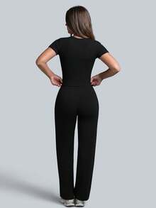 NcmRyu Women's One Set Solid Color Round Neck Short Sleeve Drawstring Straight Leg Pants Sports Set - Black - View 3