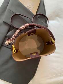 Bolso de cubo para mujer, versátil y elegante de unicolor y a rayas rojo vino con pañuelo, adecuado para compras y viajes, incluye una pequeña bolsa - Burdeos - Ver 8
