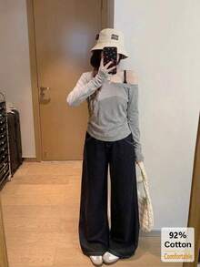 92% Cotton Asymmetrical Neckline Cami Top, Grey Floral Long Sleeve Blouse, Stylish Base Layer - Gray - View 3