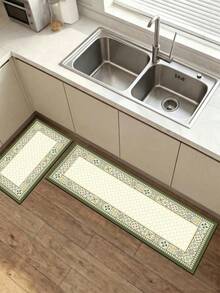 1pc Of Green Floral Tile Rubber Soft Floor Mat For The Kitchen, A Water-Absorbing Mat That Is Easy To Clean And Suitable For Use In Kitchens, Bathrooms, And Other Areas. It Is Suitable For Use Throughout The Year And For Various Holidays. - Multicolor - View 2