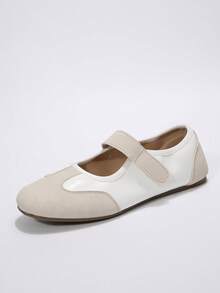 Women's Autumn New Colorblock Patchwork Mary Jane Hook & Loop Design Soft Flat Round Toe Low Vamp Ballet Shoes, Daily Commute Gentle Style Anti-Slip - Beige - View 1