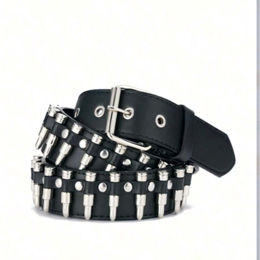 1pc Unisex Bullet Shape Punk Style Y2K Buckle PU Leather Belt - Silver - View 1