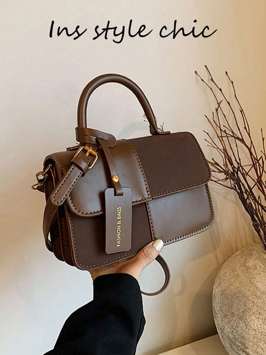 Women's Minimalist Flap Detail Handbag, Smooth Exterior, Delicate And Compact, With Top Handle, Suitable For Casual And Formal Occasions - Coffee - View 1
