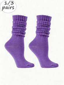 1/3 Pairs Women's Knee-High Socks, Mid-Calf Socks, Solid Color Calf Socks, Thick Knit Socks, Simple & Versatile, Suitable For All Seasons, Comfortable & Warm, Daily Wear - Purple - View 1