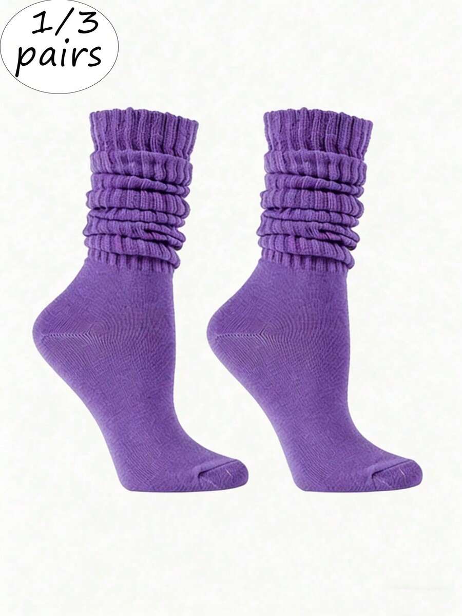 1/3 Pairs Women's Knee-High Socks, Mid-Calf Socks, Solid Color Calf Socks, Thick Knit Socks, Simple & Versatile, Suitable For All Seasons, Comfortable & Warm, Daily Wear - Purple - View 1