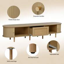 Modern Low-Profile TV Unit With Round Design And Roll-Up Shutter Door, Made Of MDF, With Drawer, Suitable For TVs Up To 75 Inches, For Living Rooms And Dining Rooms, 180x40x40cm, Wood Color. - 1 - View 2