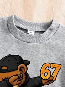 Young Boy Letter Print Crew Neck Sweatshirt And Sweatpants Casual Set - Grey - View 3