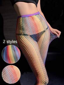 1 Pair Women 2 Styles Rainbow Gradient Fishnet Tights, Y2K Colorful Sheer Mesh High Waist Pantyhose Sexy Stretch Stockings For Club Party Night Out - Multicolor - View 2