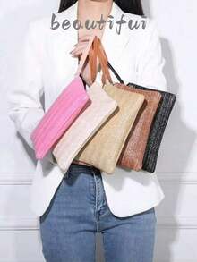 1pc Women's Straw Woven Clutch Bag Bohemian Style Summer Beach Straw Wallet Zipper Wristlet, Suitable For Any Occasion Such As Work, Business, Dating - Khaki - View 1