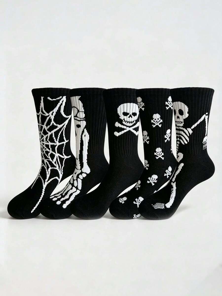 1/5 Pairs Unisex Skull And Spider Pattern Mid-Calf Socks, Comfortable Creative Casual Socks, Suitable For Daily Wear, Halloween, Party, Autumn - Black and White - View 1
