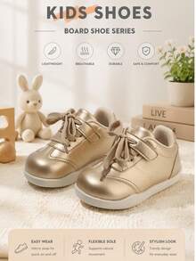 1 Pair Luxury Champagne Gold Unisex Kids Casual Sneakers With Hook And Loop Design, Easy To Put On And Take Off, Suitable For All Seasons - Gold - View 1