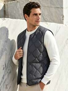 1pc Men's Thick Quilted Diamond Pattern Sleeveless Vest, V-Neck Zipper Closure, With Patch Pockets, Casual Layering Vest For Daily Wear And Camping - Royal Blue - View 4