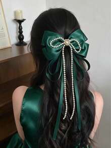 1件少女風極簡蝴蝶結緞帶髮夾，多色緞帶珍珠蝴蝶結馬尾半紮彈簧夾 - 彩色 - 查看 16