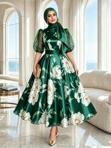 SHEIN Lady CURVE Plus Size Round Neck Raglan Petal Sleeve Summer Elegant Floral Print Dress Olive Green Birthday Evening Wedding Evening Evening Bride Vacation - Green - View 4