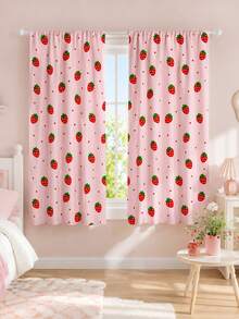 2pcs Strawberry Print Curtains, Rod Pocket Polyester Fabric, Light Pink Cartoon Strawberry Fine Polka Dot All-Over Print, Sweet Cute Girly Style, Machine Washable, Suitable For Bedroom Kitchen Home Window Decoration - Multicolor - View 2