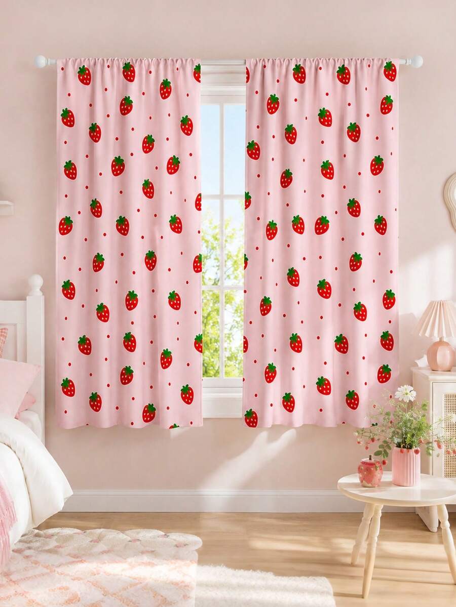 2pcs Strawberry Print Curtains, Rod Pocket Polyester Fabric, Light Pink Cartoon Strawberry Fine Polka Dot All-Over Print, Sweet Cute Girly Style, Machine Washable, Suitable For Bedroom Kitchen Home Window Decoration