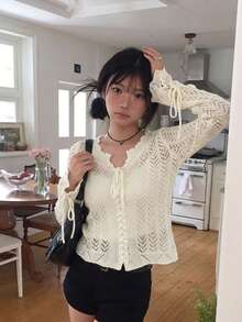 鏤空設計時尚薄款短版外套，女款夏季百搭短版上衣 - 杏色 - 查看 7