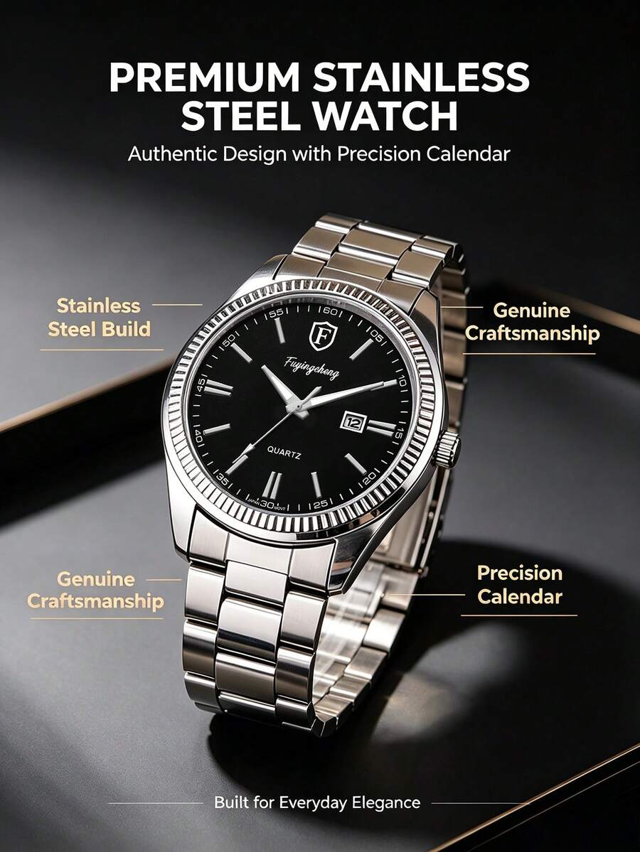 Fashionable Elegant Steel Band Quartz Watch, Calendar Design, Scale Design, Holiday Gift, Daily Versatile, Back To School Season - Black - View 1