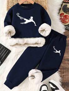Boys' Cartoon Print Warm Crew Neck Sweatshirt And Sweatpants - Royal Blue - View 1