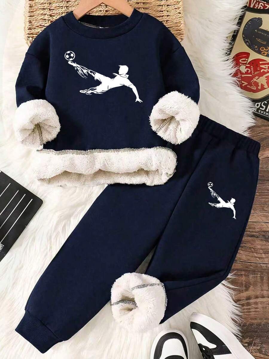 Boys' Cartoon Print Warm Crew Neck Sweatshirt And Sweatpants - Royal Blue - View 1
