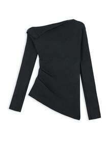Sweater Hitam Chic Tanpa Bahu, Atasan Lapisan Dasar yang Melangsingkan untuk Wanita, Atasan Rajut Tanpa Bahu Musim Gugur/Dingin - Dark Grey - View 4