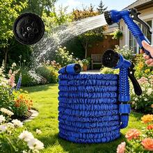 Green Flexible Stretch Hose With 7-In-1 Adjustable Nozzles, 7.5-60M (25-200Ft) Extendable Water Pipe - Suitable For Car Washing, Lawn Care, Plant Watering, And Pet Bathing, All-Season Use, Includes Connector, Material: Water Pipe - Blue - View 2