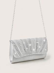 REMANLAND Glamorous Sparkling Rhinestone Decorated Chain Bag, Magnetic Closure, Elegant Fashionable Evening Bag, Suitable For Women's Birthday Party, Charming Evening Shoulder Bag - Silver - View 4