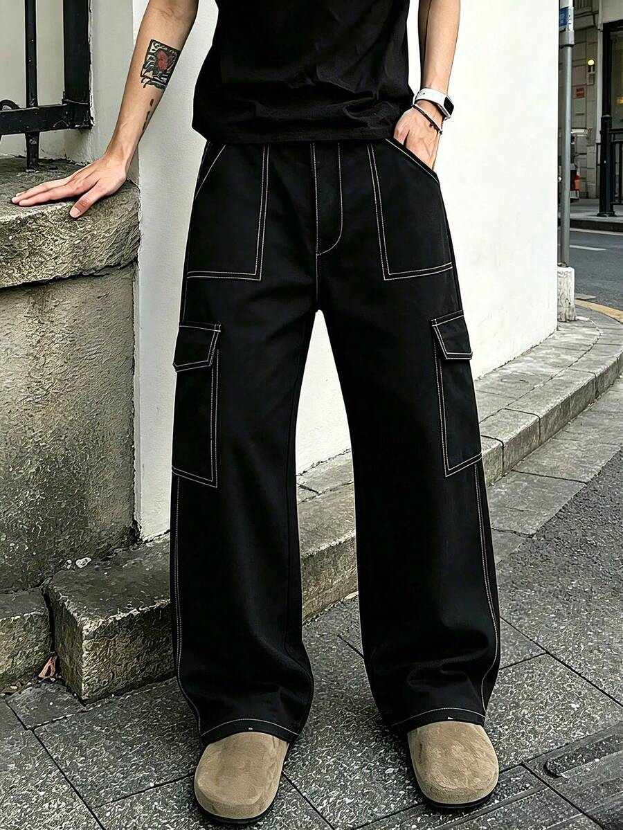 Men's Outdoor Cargo Style Style Casual Long Pants, Spring/Autumn Fashion Sports Lightweight Multi-Pocket Trousers - Black - View 1