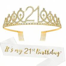 Set Mahkota dan Selempang Ulang Tahun ke-21 - Selempang Putih/ Huruf Berkilau Emas, Mahkota Berlian Imitasi, Set 2 Buah, Aksesori Kepala untuk Remaja, Sempurna untuk Suvenir dan Dekorasi Pesta - MultiWarna - View 2