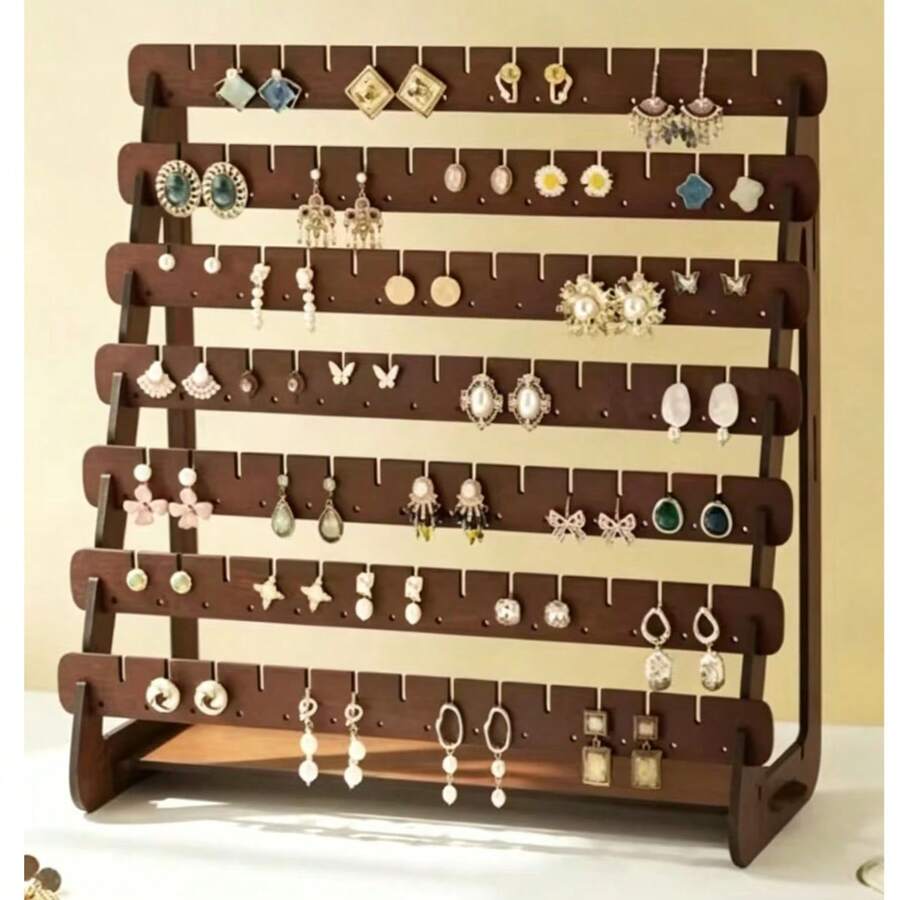 A Wooden Walnut Color, Minimalist And Stylish Tiered Earring Display Stand, Suitable For Jewelry Store Earring Display. Earring Storage Rack - Multi-layer Earring Storage Rack - View 1