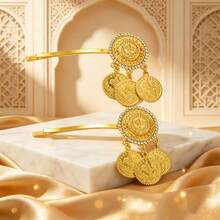 1 Pair Arabic Style Embossed Coin Pendant Hair Clips, Premium Inlaid Straight Clip Bridal Accessories - Gold - View 9