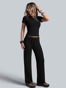 NcmRyu Women's One Set Solid Color Round Neck Short Sleeve Drawstring Straight Leg Pants Sports Set - Black - View 5