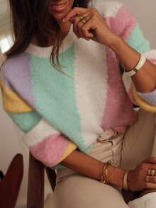 Women's Pastel Striped Knit Sweater, Patchwork Crew Neck Pullover, Loose Fit, Soft And Fluffy, Comfortable And Warm, Suitable For Casual Daily Wear In Autumn And Winter - Multicolor - View 2