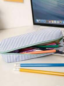 1pc Personalized Embroidered Data Cable Storage Bag, Teacher's Day & Back To School Customized Pencil Case: Striped Cotton Fabric Name Embroidered Pencil Bag, Meaningful Teacher Appreciation Gift, Personalized Makeup Bag, Toiletry Bag - Multicolor - View 6