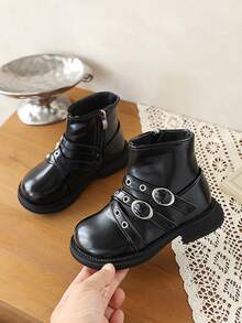 All-Season Kids' Fashion Boots, Buckle Functional Style Boots, Street Punk Motorcycle Style, Anti-Slip And Wear-Resistant, Suitable For 5-12 Years Old - Black - View 2