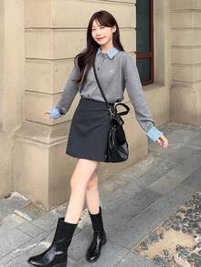 Korean Style Academy Patchwork 2 In 1 Knit Cardigan - Grey - View 6