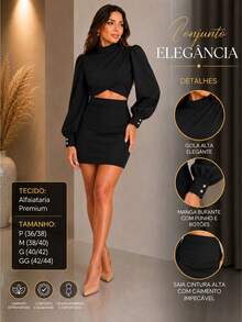 Women's Tailored Set Cropped Long Puff Sleeve And Short Skirt Elegant Party Fashion Autumn Winter - 黑色 - 查看 2