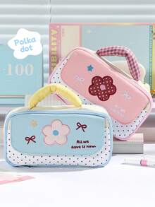 1pc Floral Polka Pencil Case With Handle, Sweet Star Butterfly Dots Pattern Pen Bag, Sturdy Built-In Handle, Portable Size Multi Layer Large Capacity Pencil Pouch, Stationery Storage Bag For Student Back To School Supplies - Multi Colors - View 3