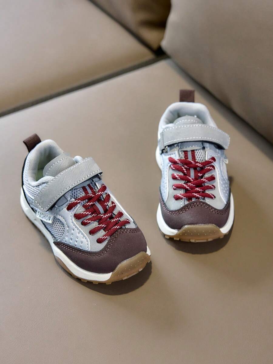 1 Pair Vintage Contrast Color Shoelace Design, Breathable Mesh Baby Steady Walking Sports Shoes - Grey - View 1
